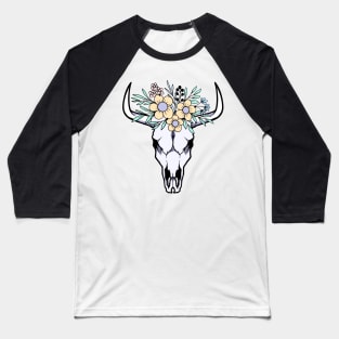 Cow Skull With Flowers Baseball T-Shirt